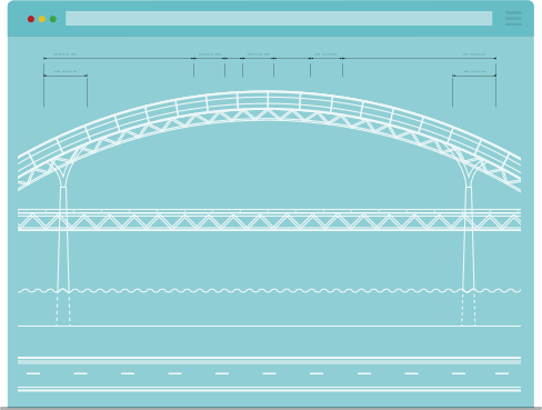 Blueprint of bridge over river and road alongside
